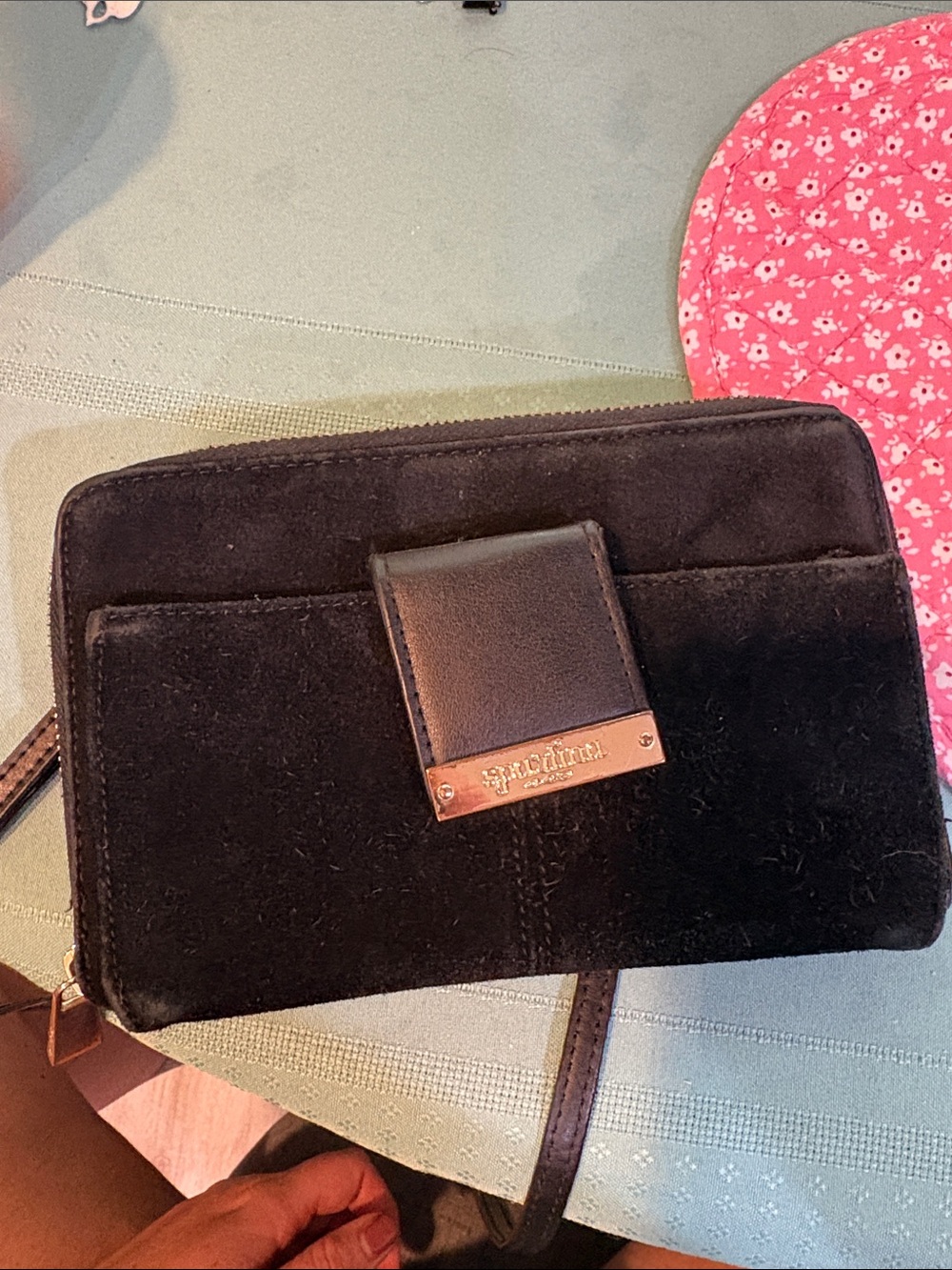 Spartina Black Suede Crossbody Wallet with Gold Accent